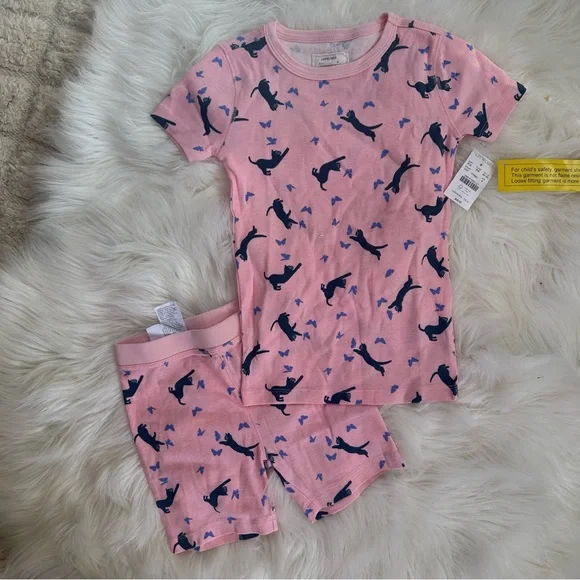 Crewcuts J. Crew Kids Pink 2-Piece Pajama Set with Blue Cat and Butterfly Print - Picture 7 of 8